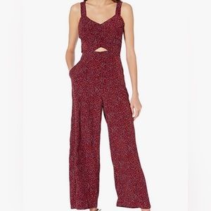 NWT J.O.A. Burgundy Dot Print Jumpsuit with Cut-out and Pockets, Medium